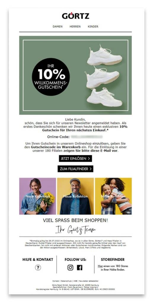 Gezeigt wird eine Willkommensmail von Görtz, in der Kunden zur Begrüßung einen Willkommensgutschein erhalten.